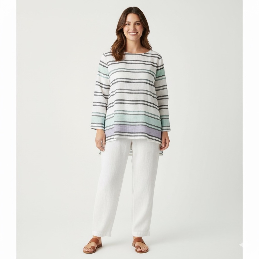 J Jill Love Linen Stripe Shirt Women Large Petite White Gray 3/4 Sleeves Buttons
